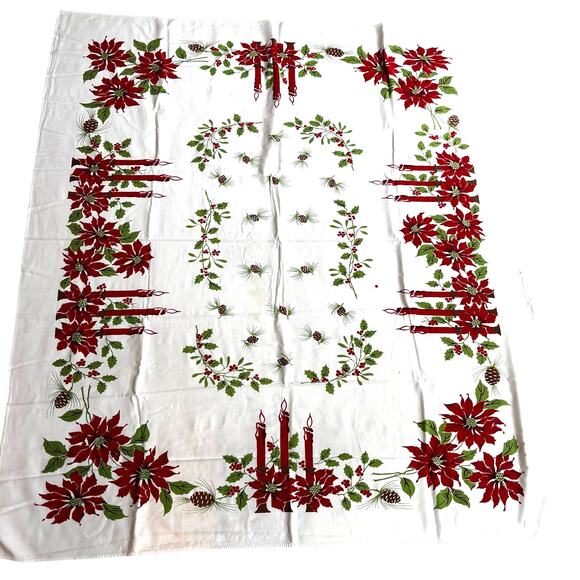 Vintage Christmas tablecloth printed cotton festive red candles & greenery - Picture 1 of 6